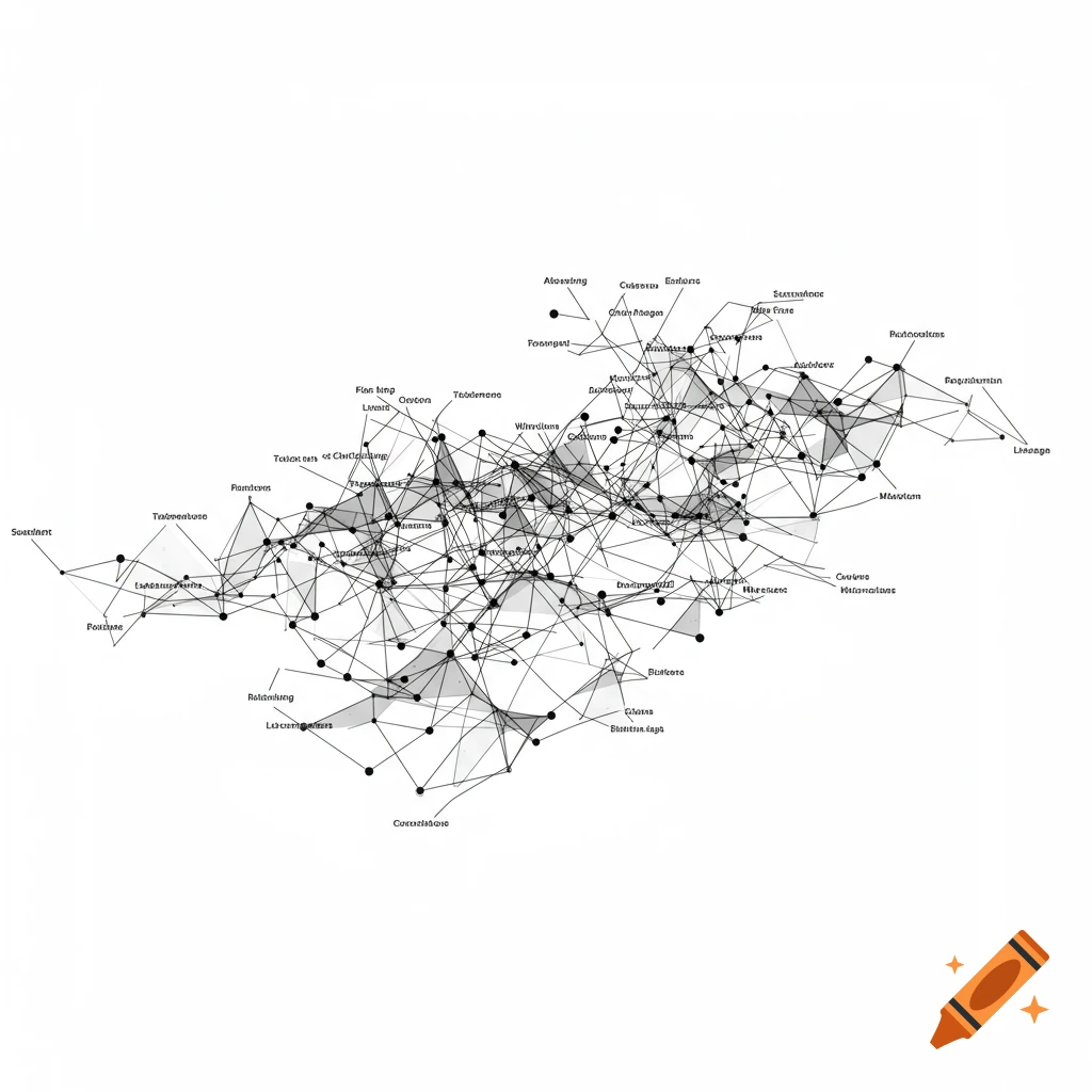 An abstract network graph of nodes and edges with text labels.