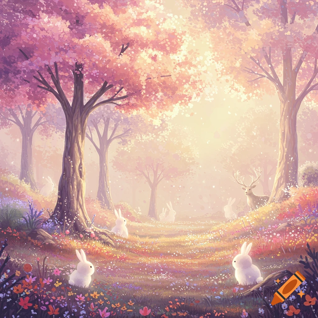 Pastel fantasy forest scene with rabbits and deer.