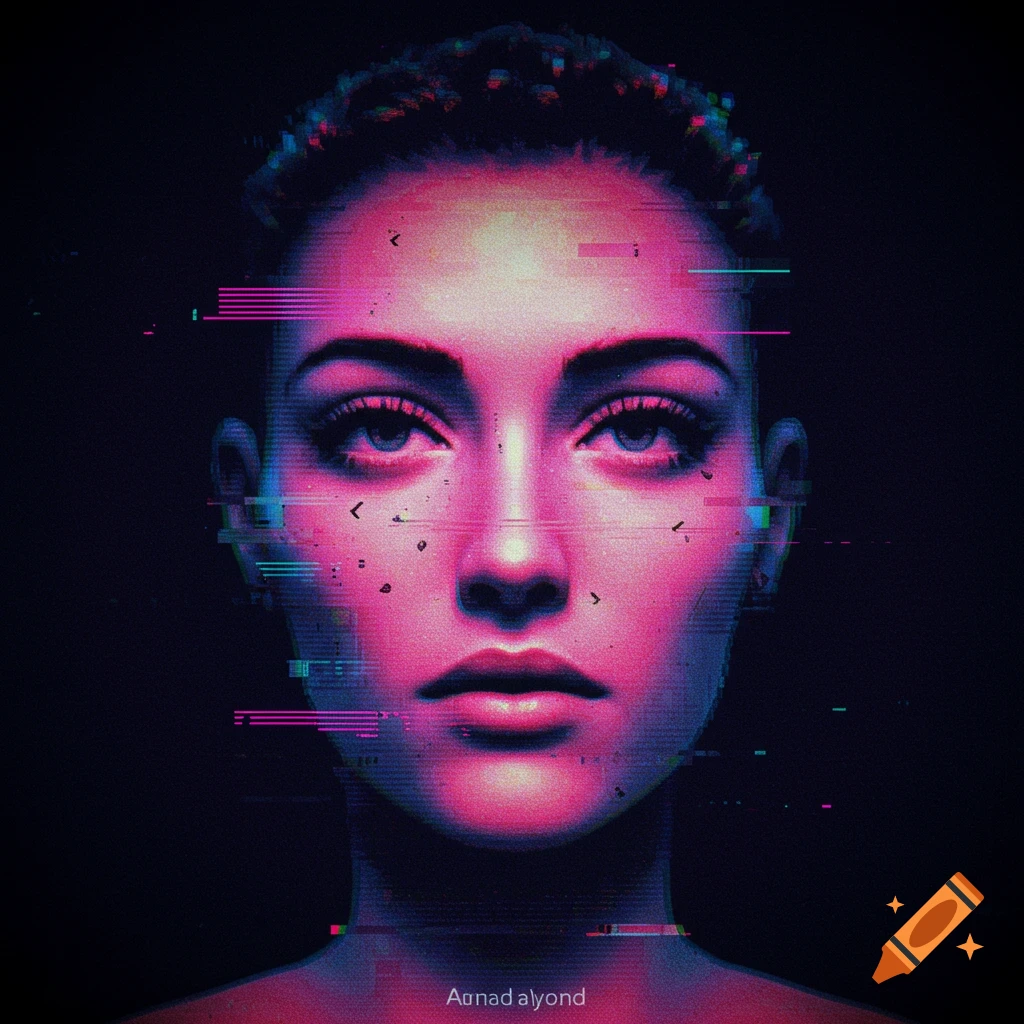 Close-up portrait of a person's face with vibrant pink, blue, and purple digital glitch distortion effects.