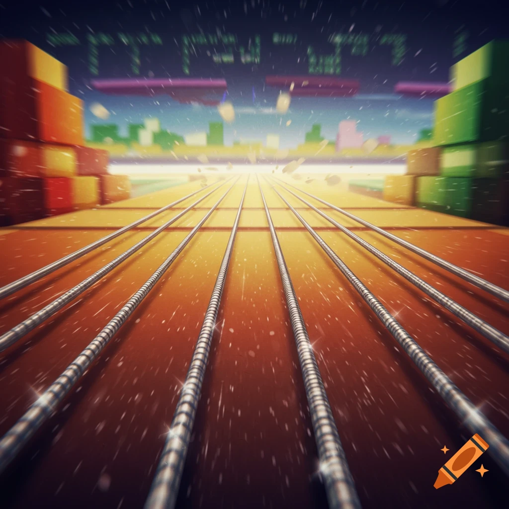 Six guitar strings recede into a video game landscape.