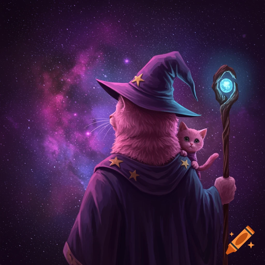 A majestic pink wizard cat with a smaller pink kitten on its shoulder looks out at a purple and pink galaxy.