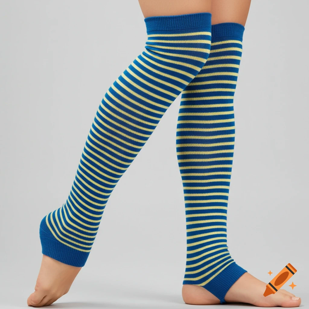 Legs wearing long blue and yellow striped ballet leg warmers.