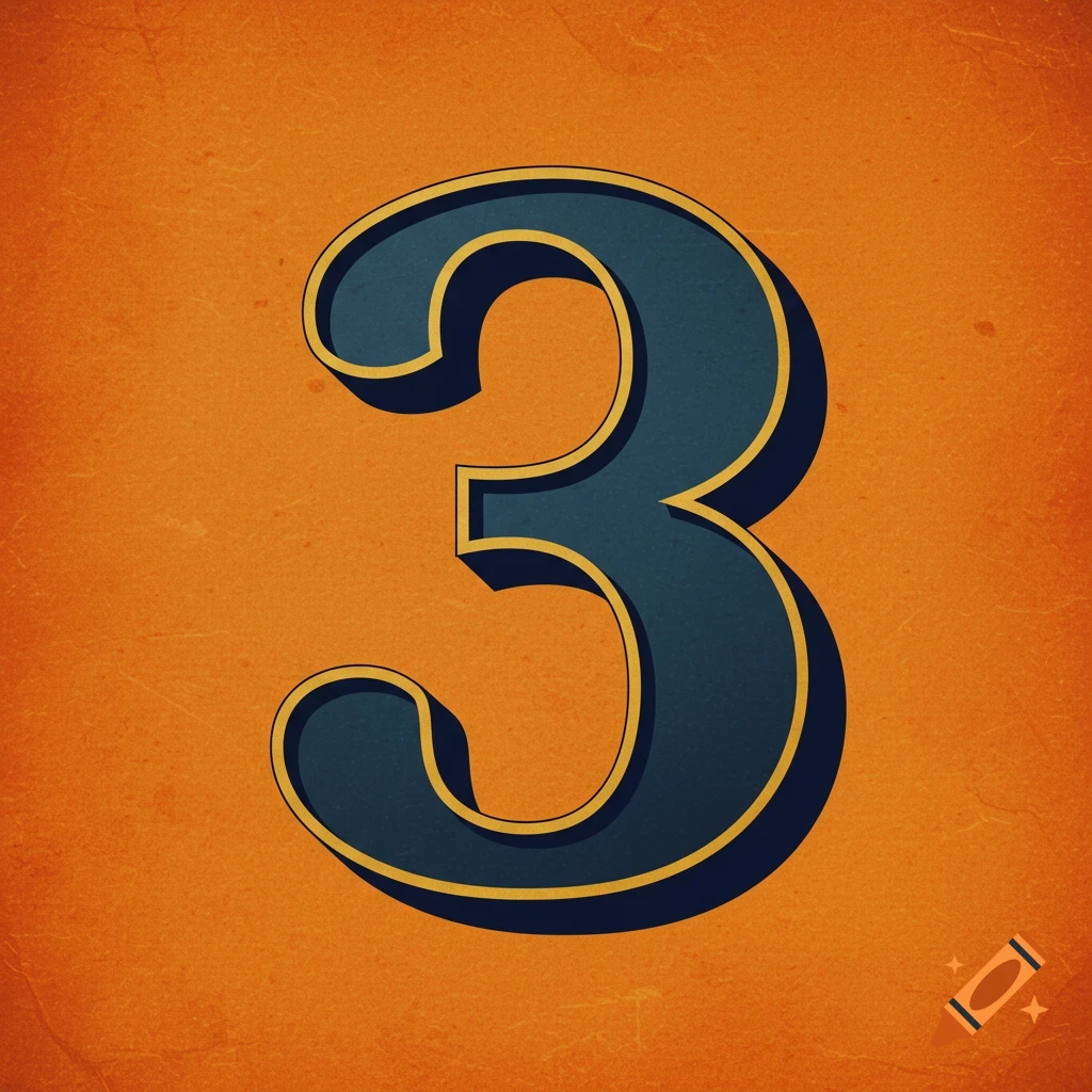 Vintage number 3 in dark blue with yellow trim on an orange textured background.
