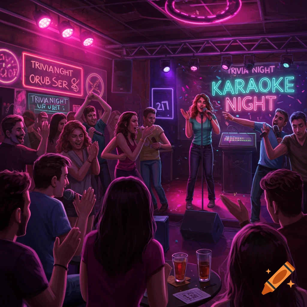 A lively karaoke night unfolds in a bar, with people singing and clapping under vibrant neon lights.