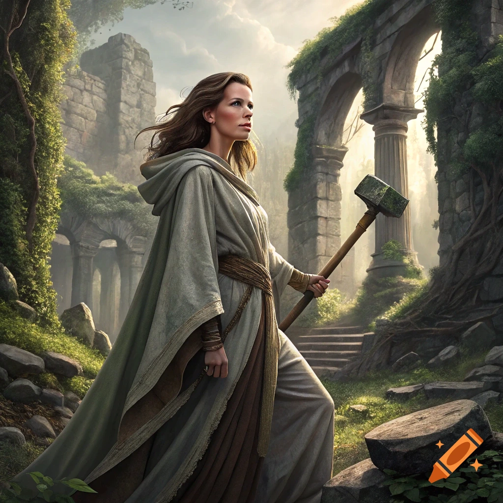 Woman in robes holding a hammer walks through ancient ruins