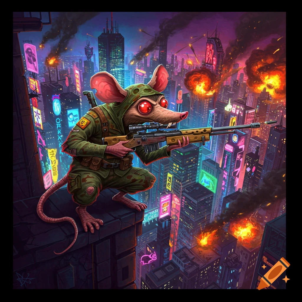 An anthropomorphic rat sniper is perched on a rooftop, aiming over a burning cyberpunk city.