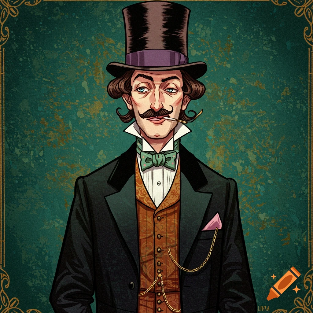 Stylized portrait of a man in a top hat, suit, and waistcoat, with a mustache and cigarette.