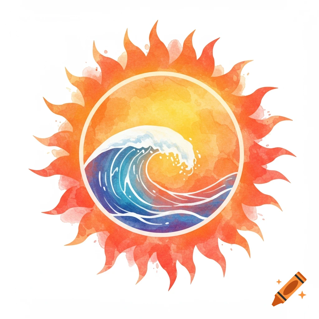 Watercolor illustration of an orange and yellow sun with a blue and white wave inside.