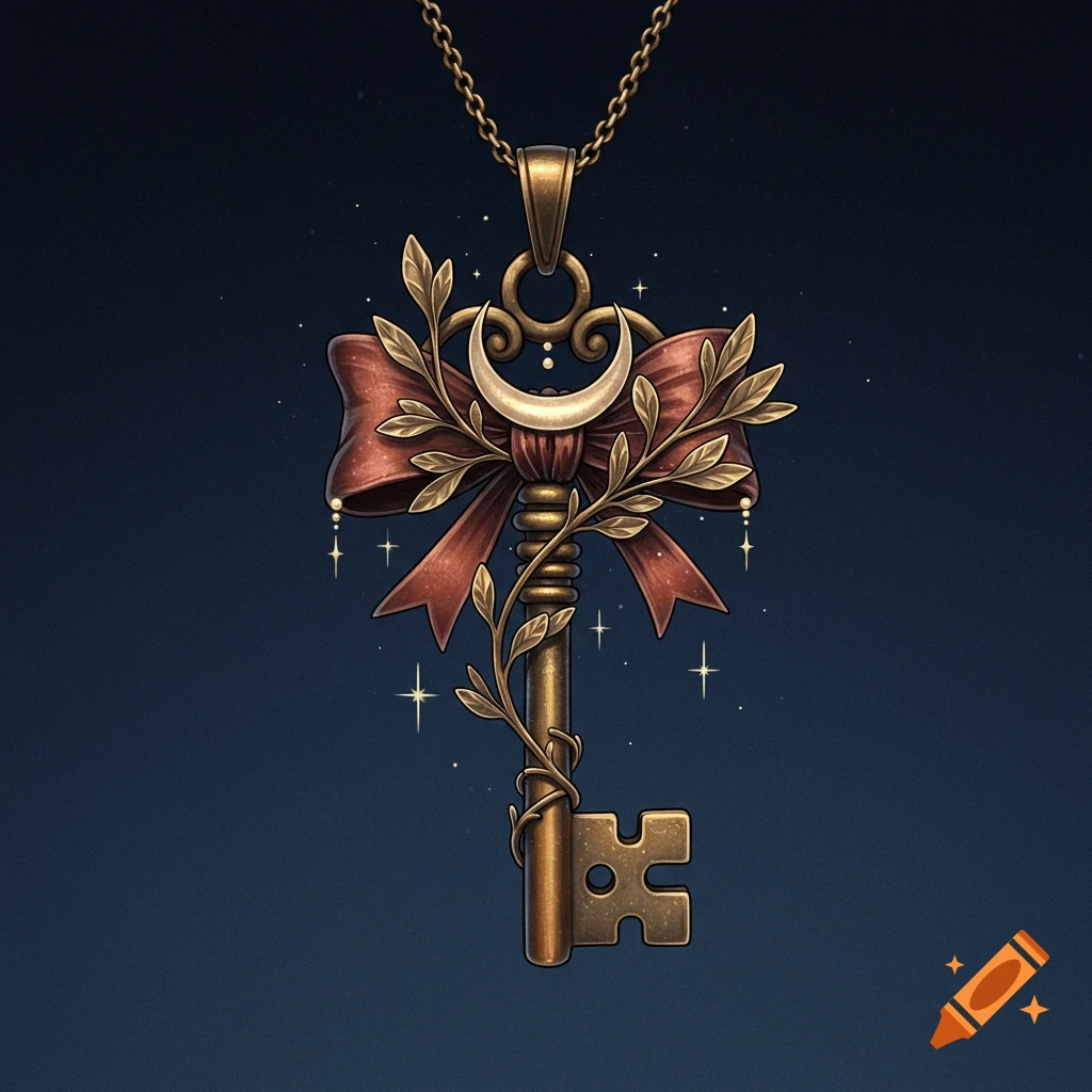 A detailed image of a vintage key pendant with a red bow, leaves, crescent moon, and stars on a dark blue background.