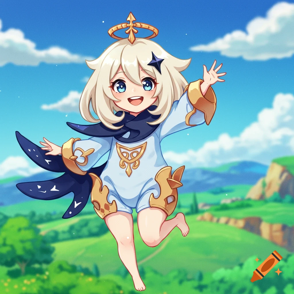 Paimon from Genshin Impact, a small character with white hair and a halo, waving happily in a sunny anime landscape.