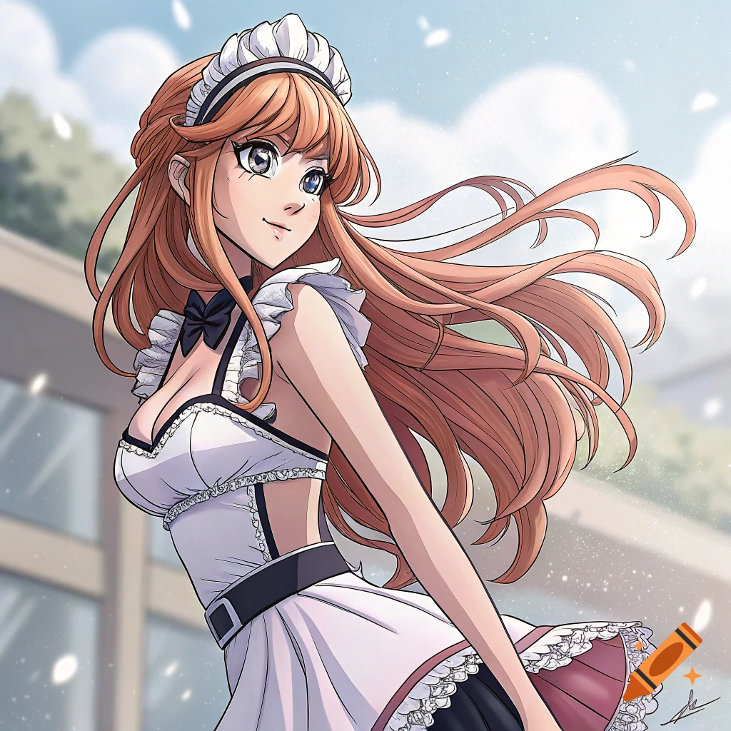 Anime character in a maid outfit with long flowing orange hair