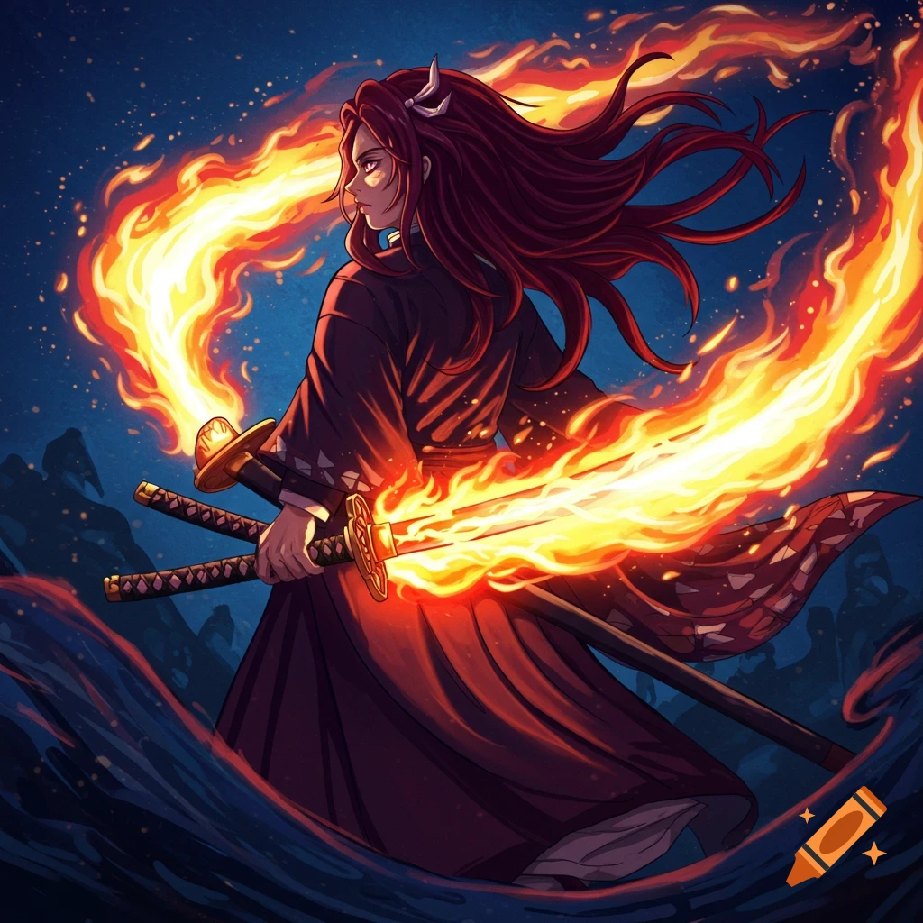 Anime character with long red hair, holding two flaming katanas against a dark background.