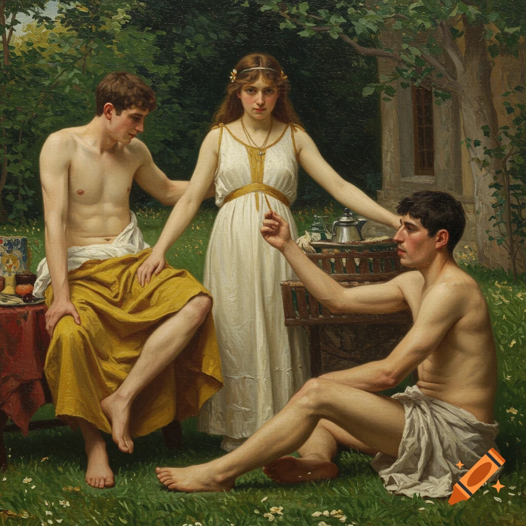 A woman stands between two draped men in a garden, rendered in a photorealistic style reminiscent of classical painting.
