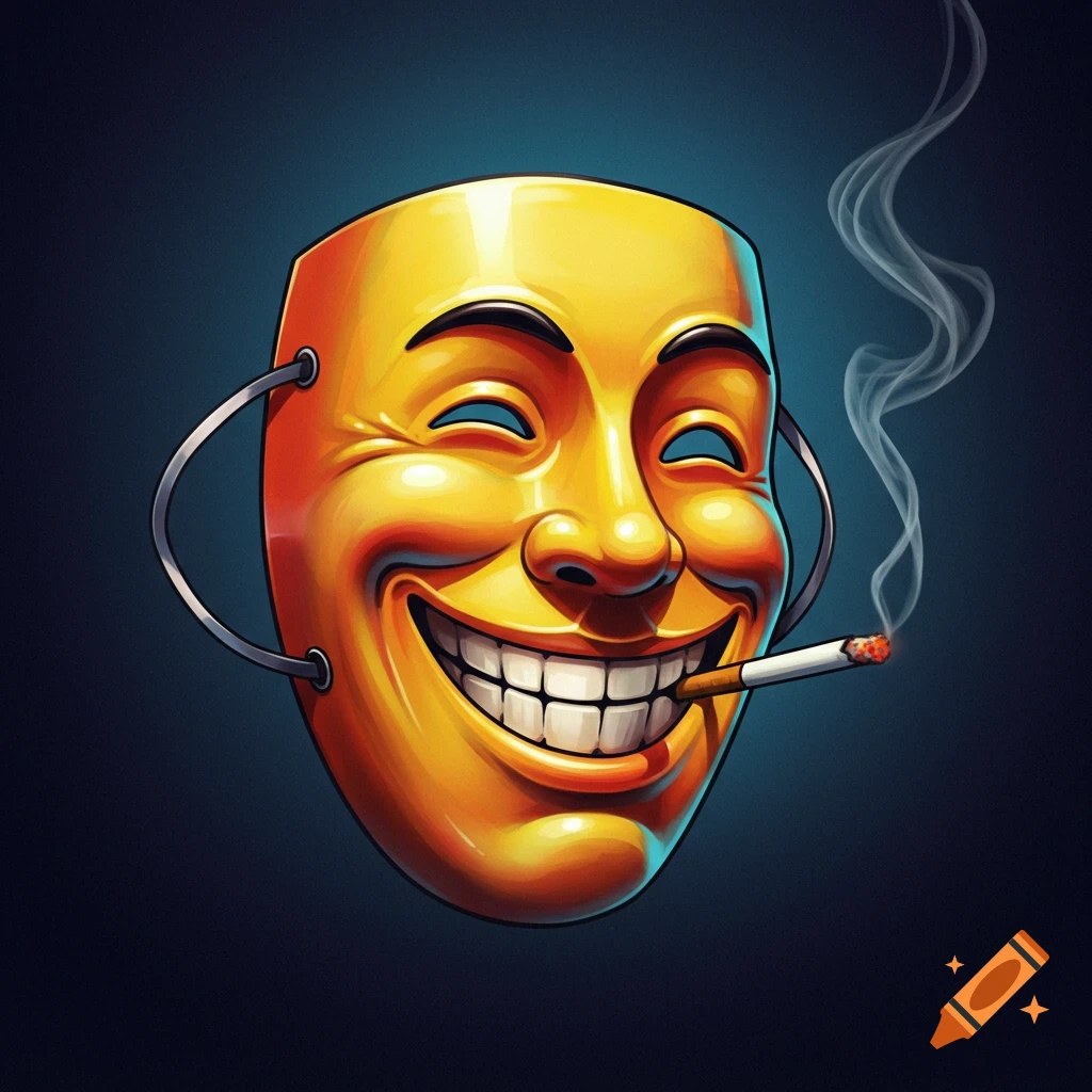 A yellow smiling mask smoking a cigarette.