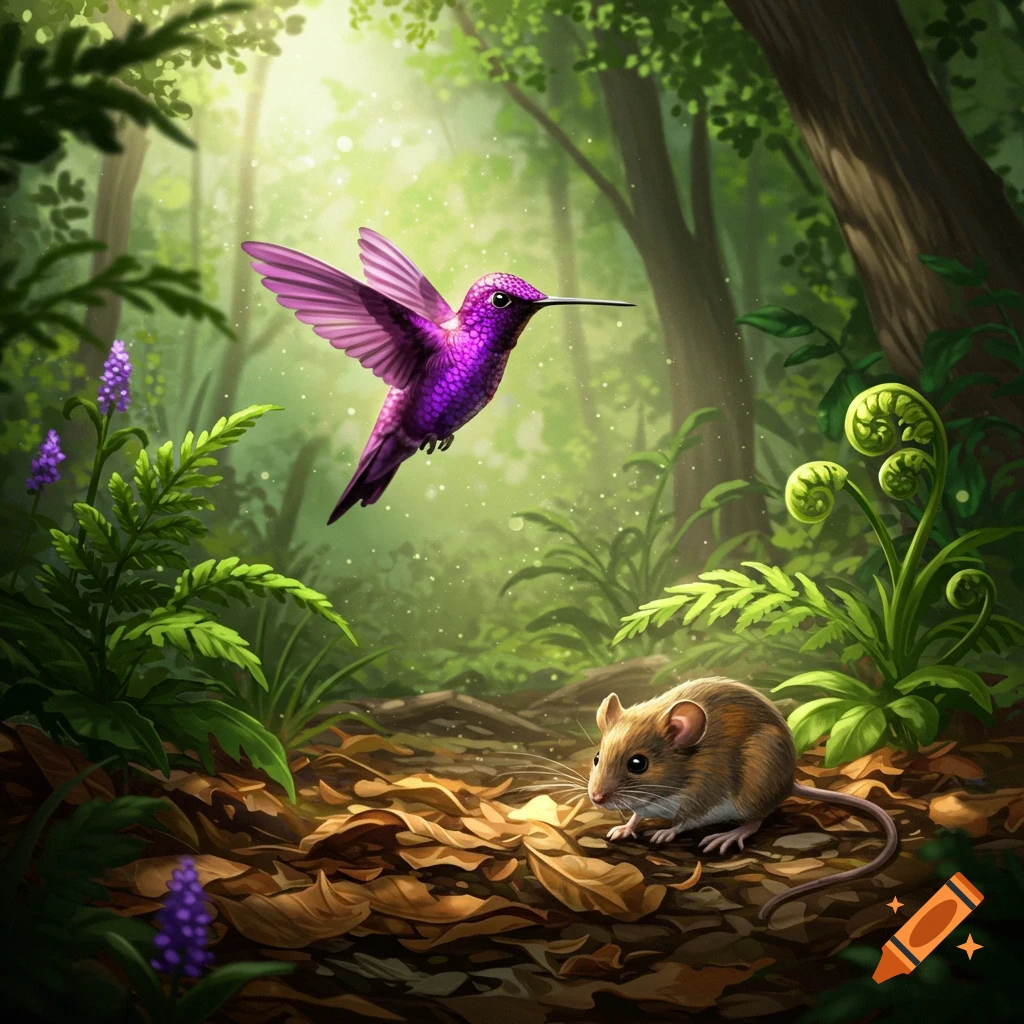 A purple hummingbird flying over a mouse in a sunlit forest.
