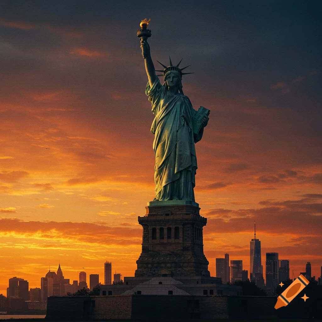Statue of Liberty stands tall against a city skyline at sunset.