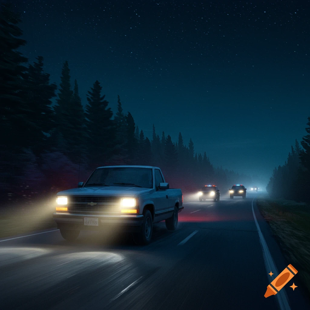 White pickup truck chased by police SUVs on a dark road at night.