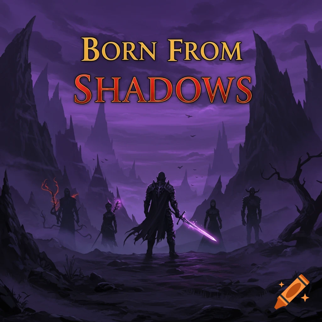 Shadowy figures in a dark fantasy landscape with title Born From Shadows
