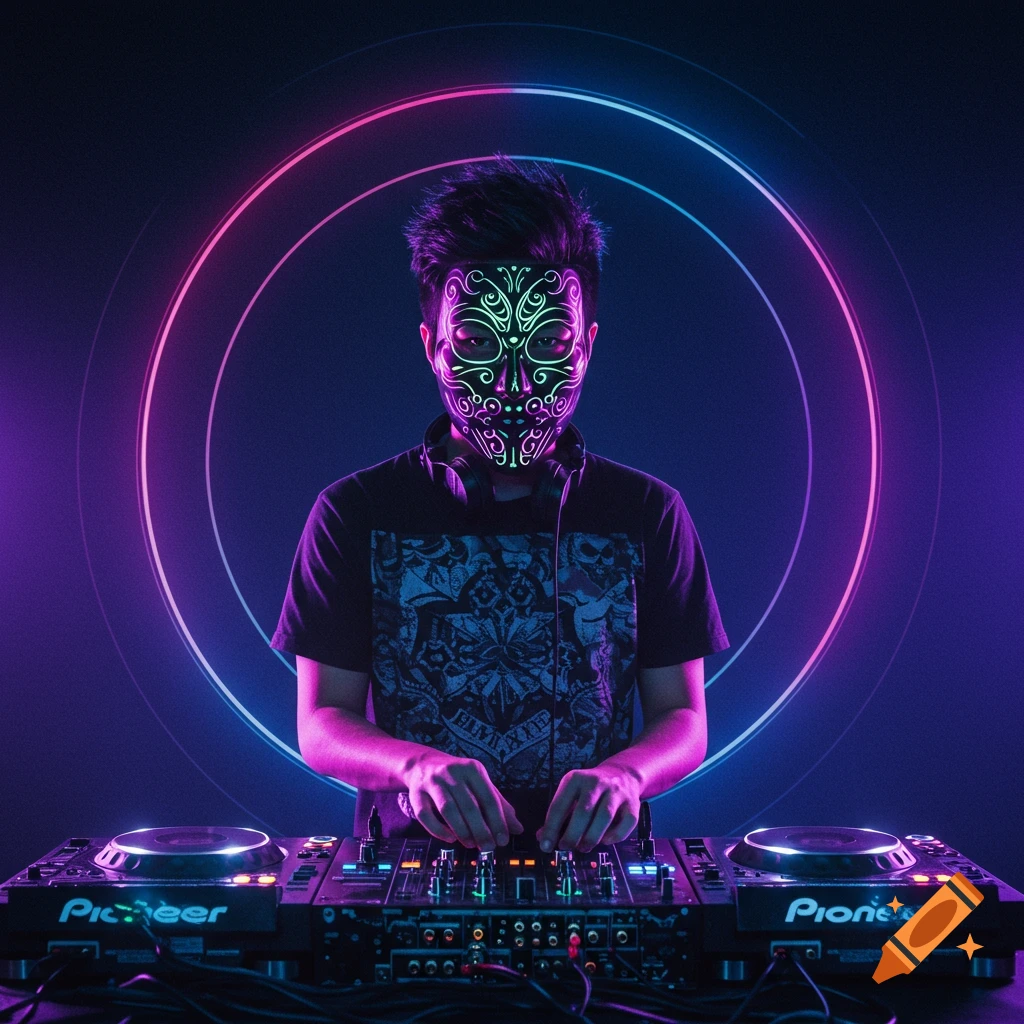 A masked DJ with headphones at mixing decks in a neon-lit club.