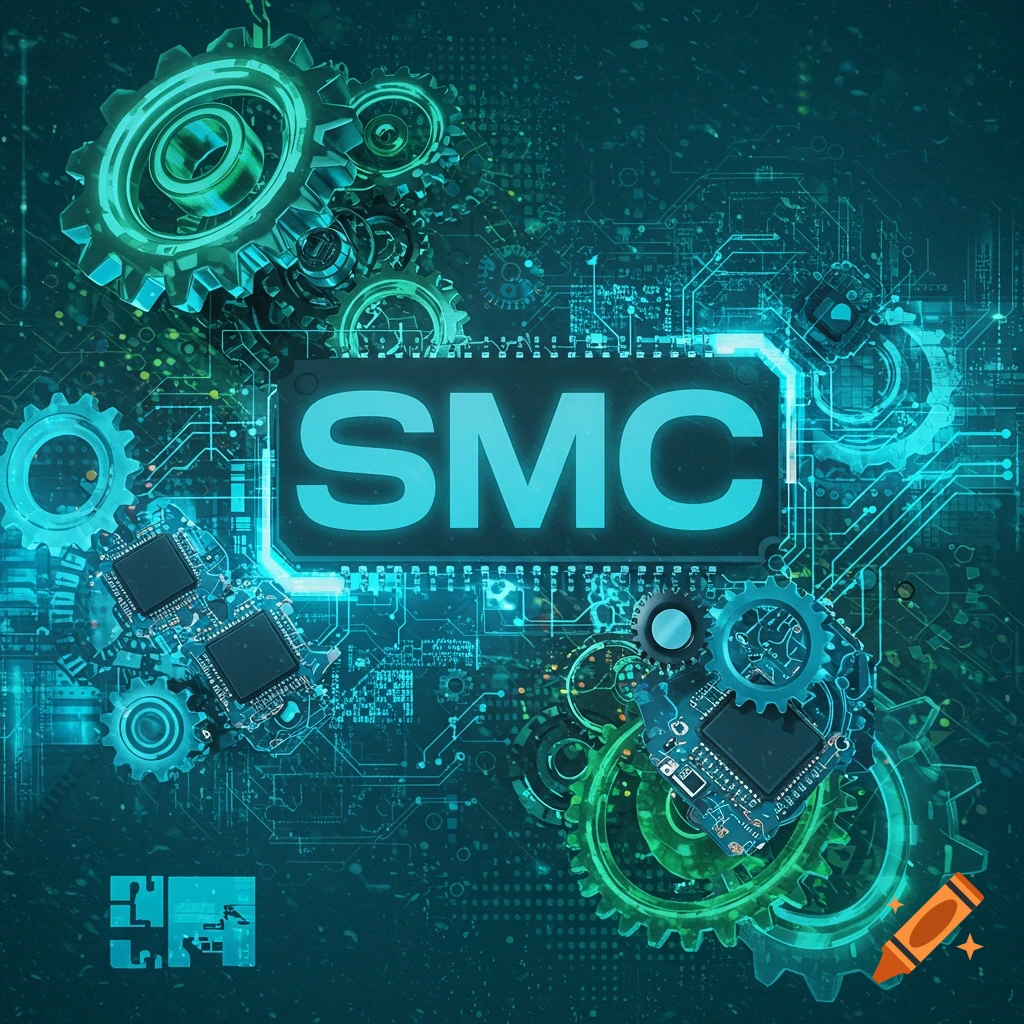 Gears, circuit boards, and the text 'SMC' with a glowing teal aesthetic.
