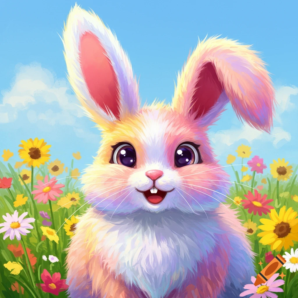 A colorful image of a fluffy bunny in a field of bright flowers.