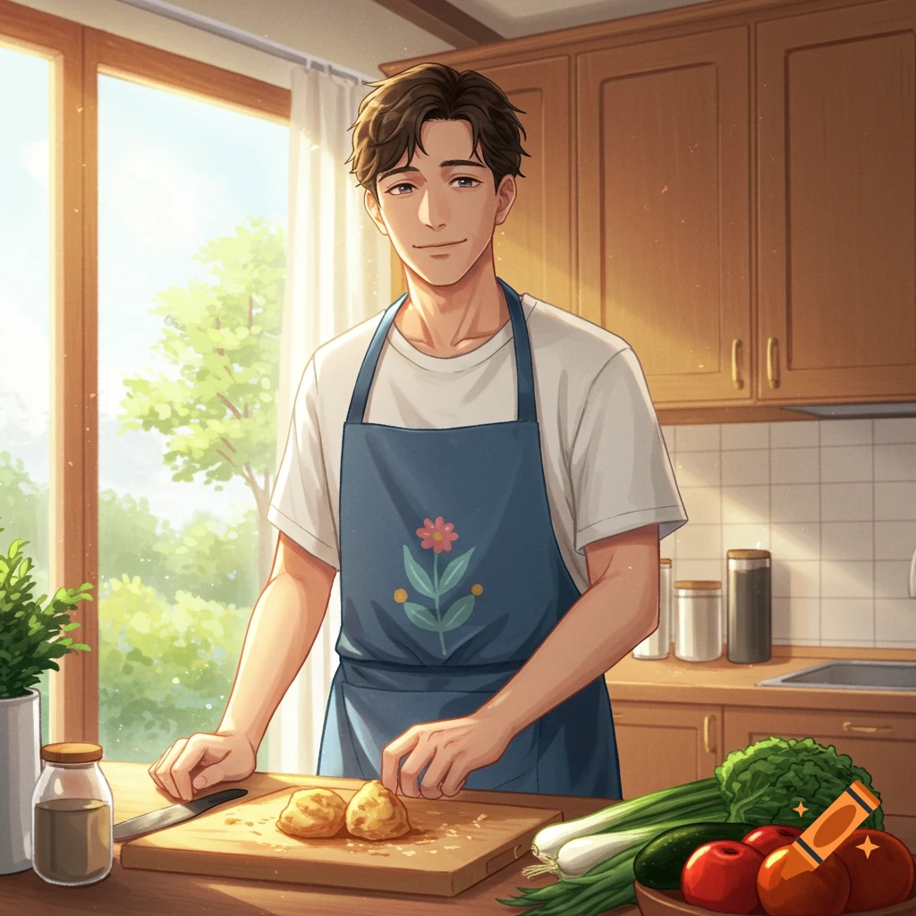 A man in a blue apron preparing food in a bright kitchen.