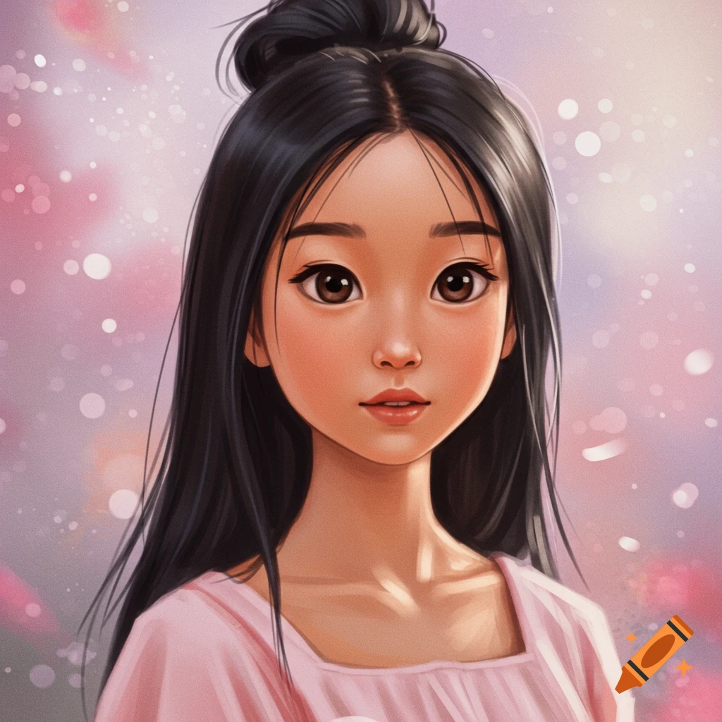 A portrait of a girl with dark hair in a bun and loose hair wearing a pink top.