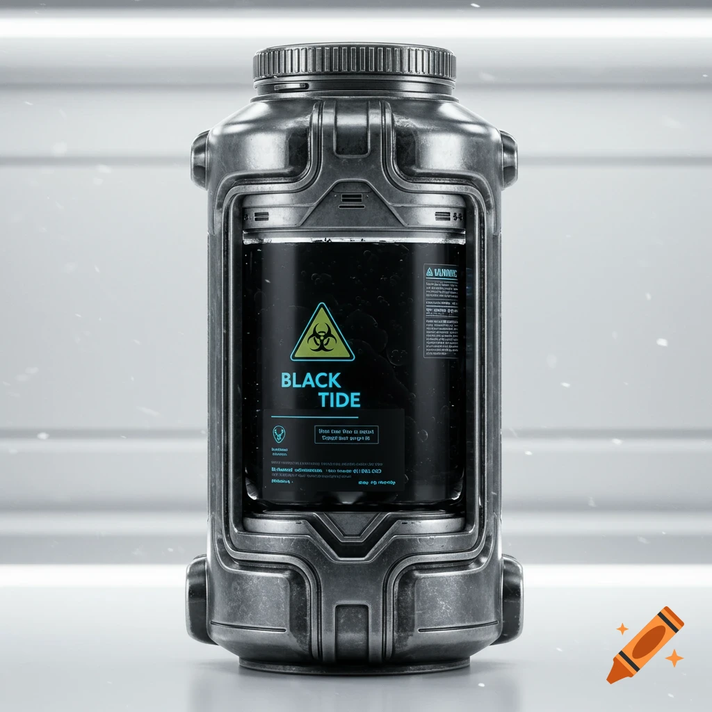 A sci-fi canister holding black biohazard liquid, labeled 'Black Tide'.