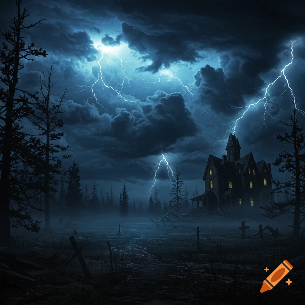 A haunted house on a foggy hill is struck by lightning during a dark, stormy night.