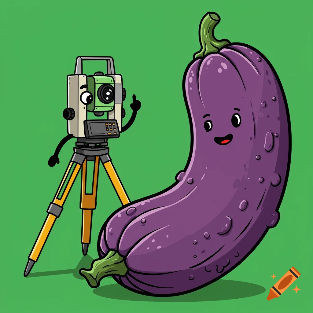 Cartoon total station surveying a purple eggplant.
