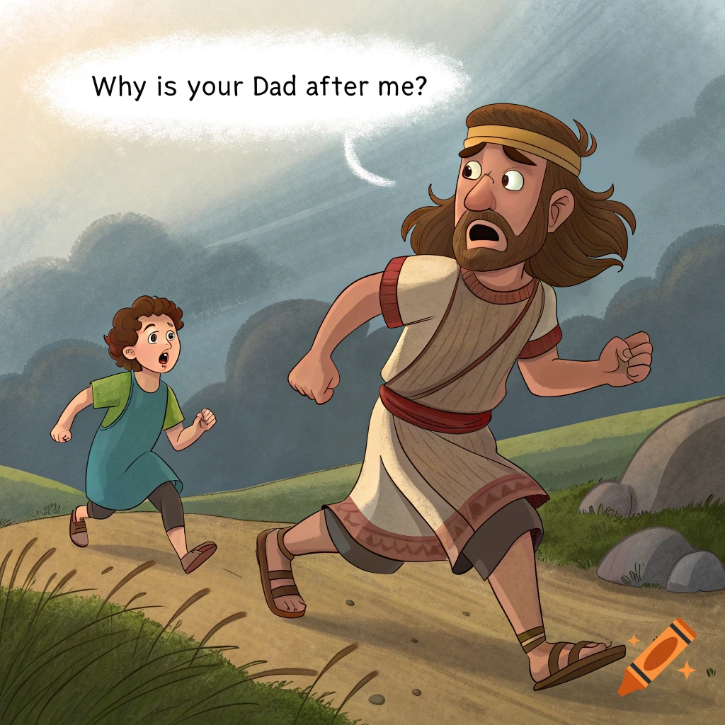 Cartoon illustration of two people running, one asking 'Why is your Dad after me?'.