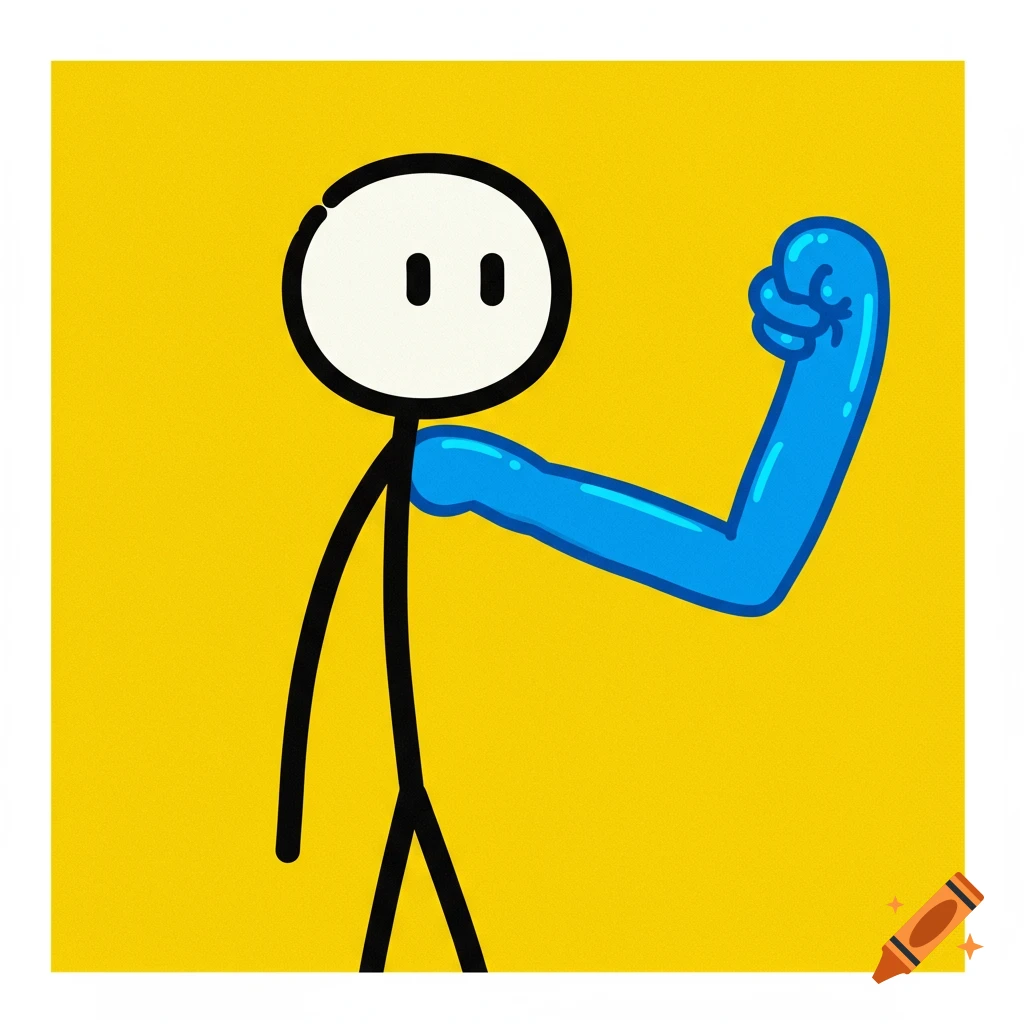 Stick figure with a blue arm flexing a muscle on a yellow background.