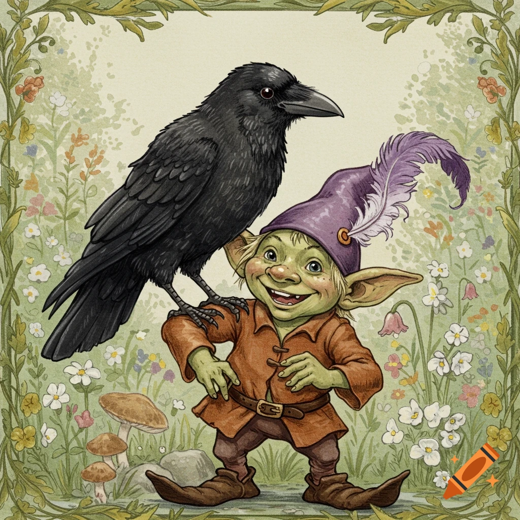 Illustration of a grinning goblin with a feather hat and a crow perched on its shoulder in a forest with flowers.