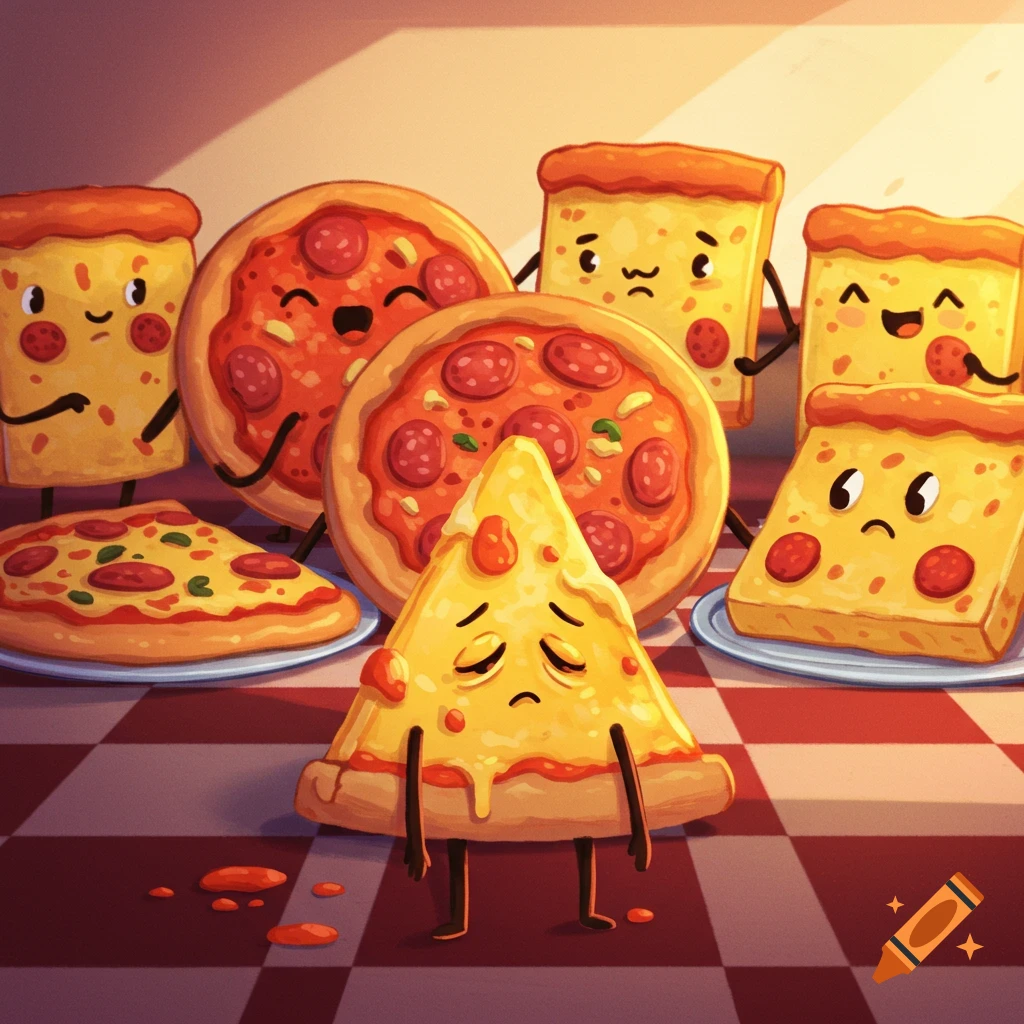 Cartoon pizza characters, some happy, some sad, on a checkered floor.