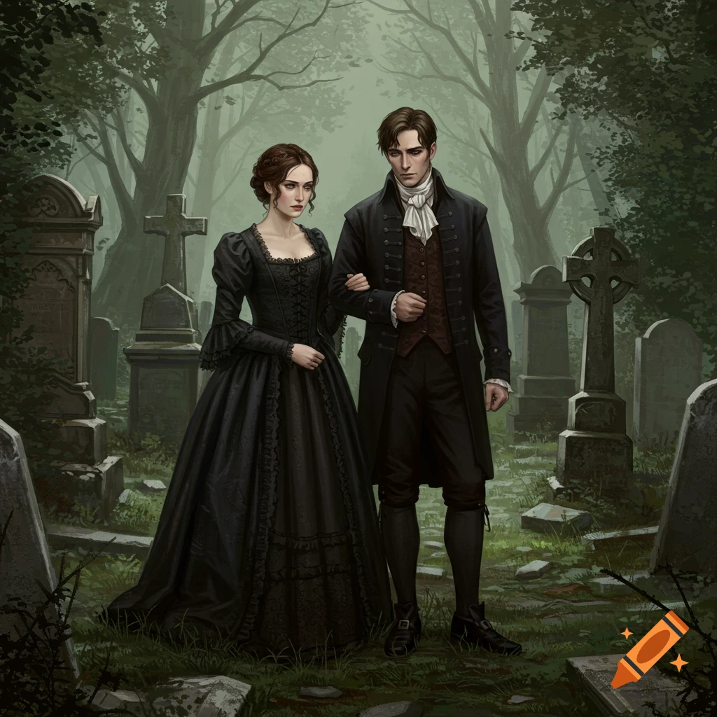 An 1800s couple is standing in a graveyard.