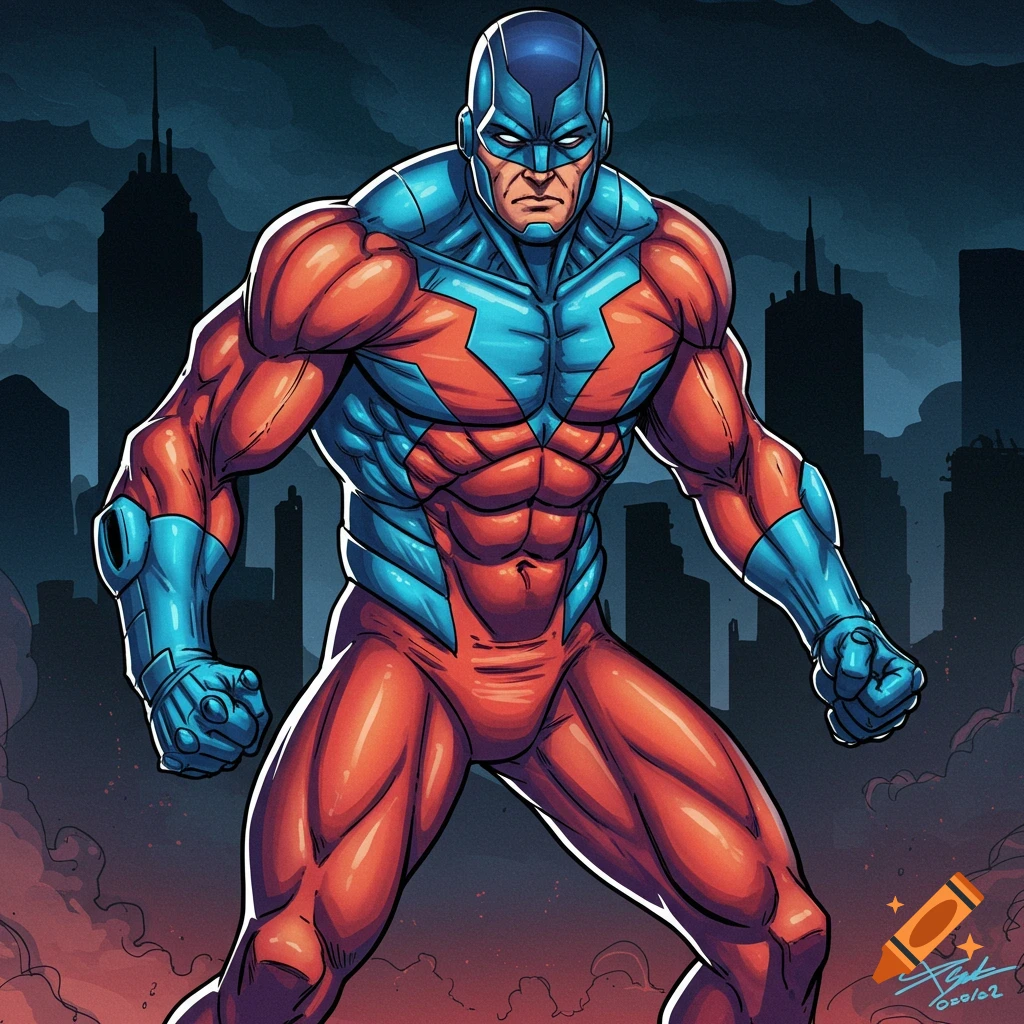 Muscular superhero in red and blue suit standing in front of a dark city skyline, digital art.