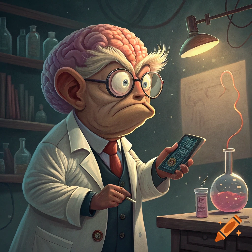 Cartoon scientist with a large brain head and glasses holds a phone in a laboratory