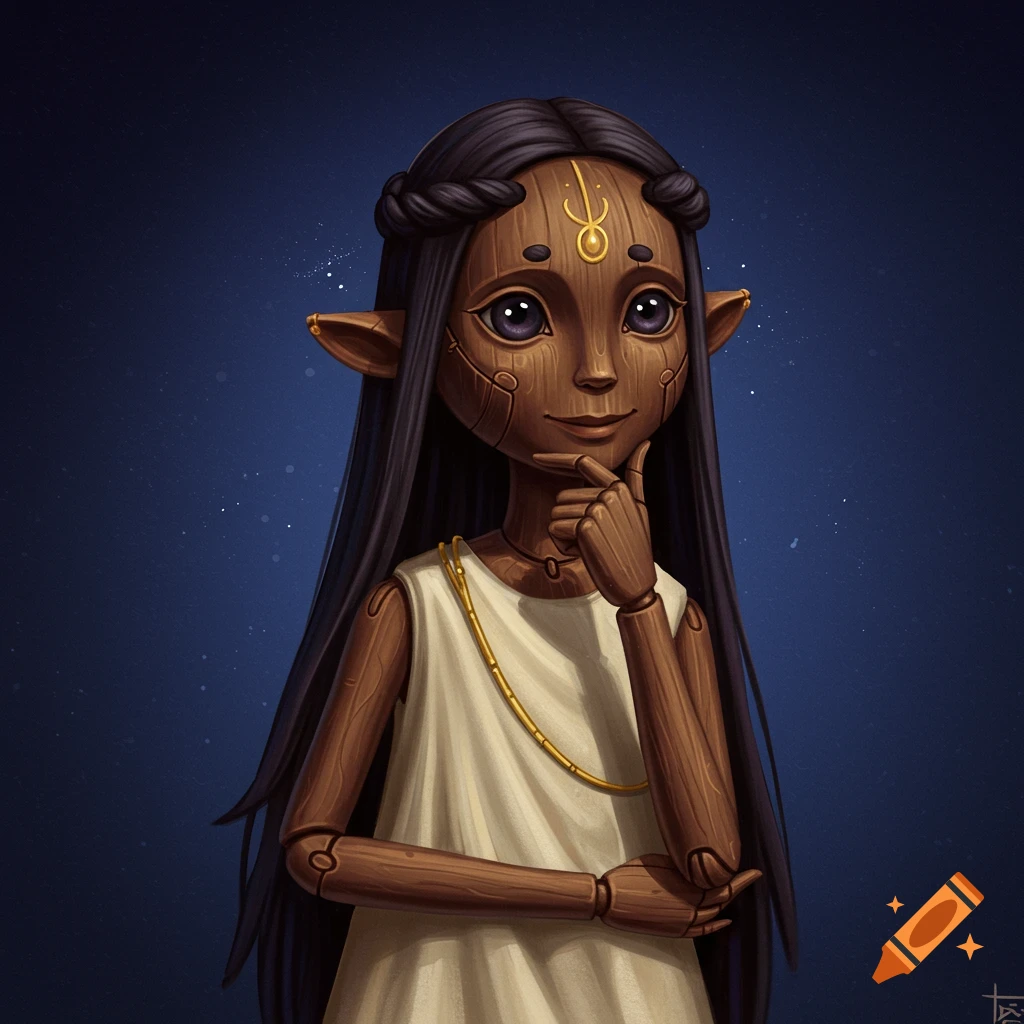 A wooden doll-like figure with long dark hair and elven ears, looking thoughtful.