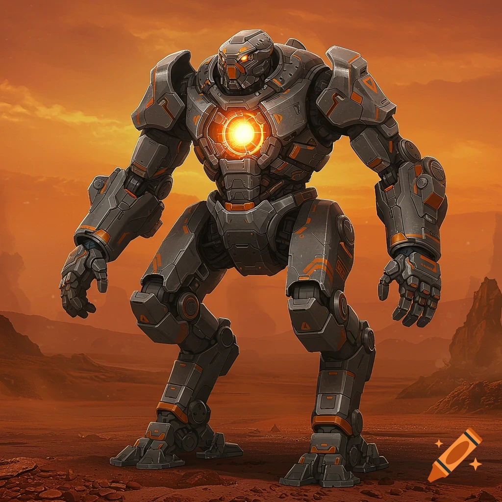 Large armored robot stands in a desolate red desert landscape under an orange sky.