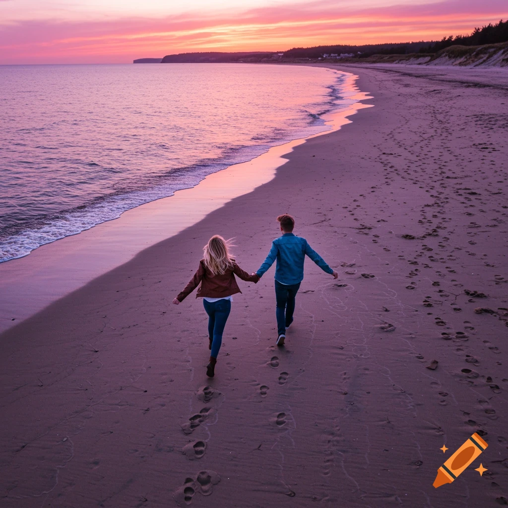 Couple running on a beach at sunset