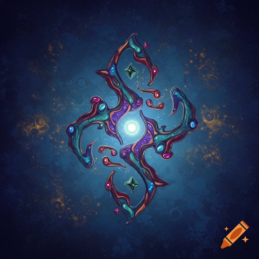 An ornate, symmetrical abstract symbol with vibrant colors on a dark blue, starry background.