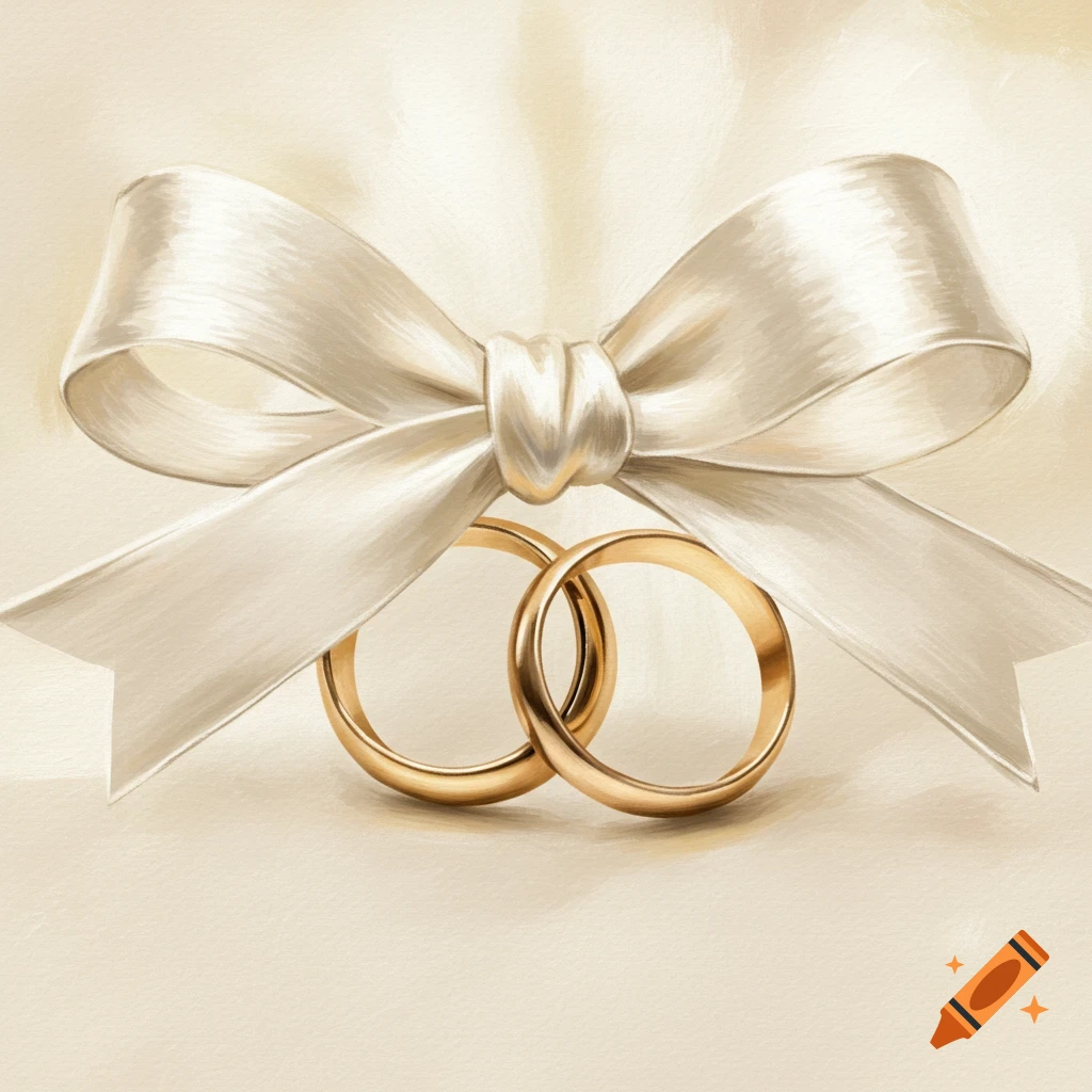 Two gold wedding rings intertwined beneath a white ribbon bow.