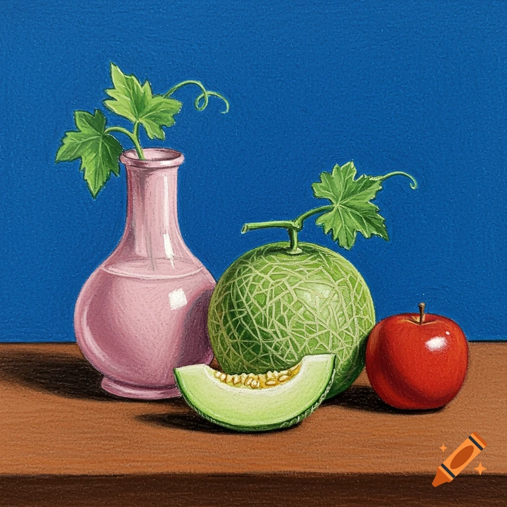 Still life drawing of a pink vase with leaves, melon, melon slice, and red apple on a table.