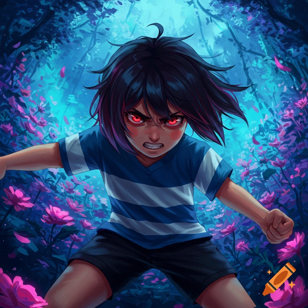 An angry child with glowing red eyes and dark hair stands in a glowing fantasy forest.