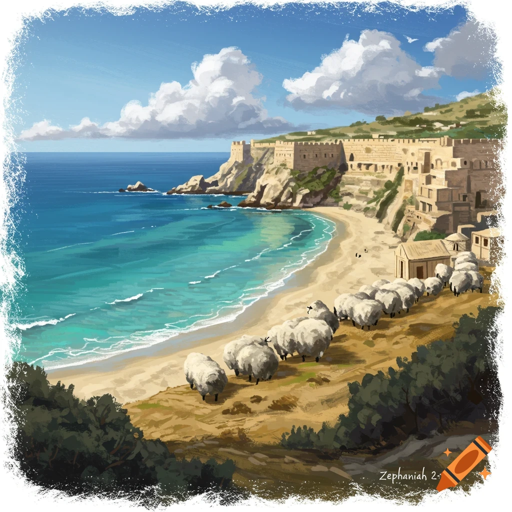 Sheep on a beach near a walled coastal city.