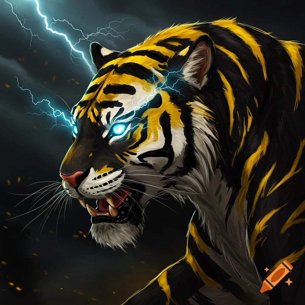 a black and yellow tiger with glowing blue eyes and lightning.
