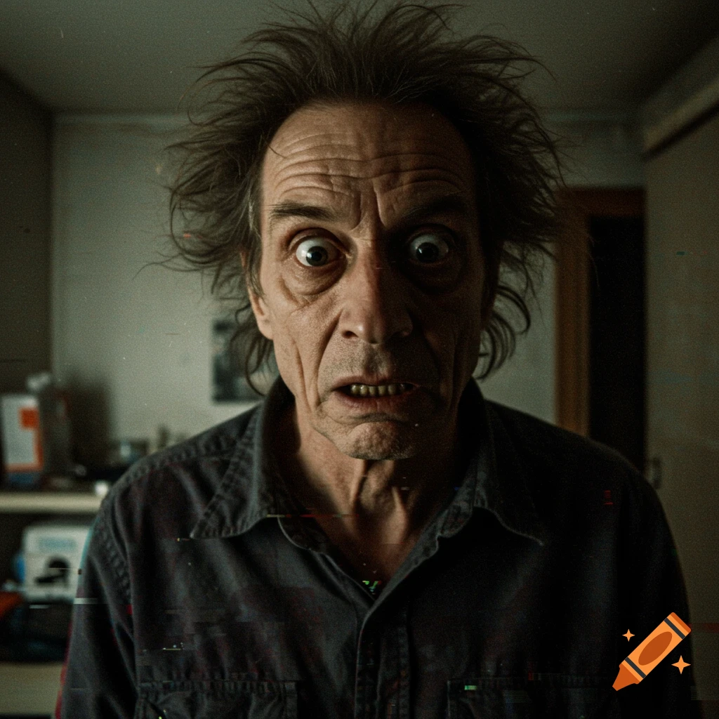 Close-up of a creepy man with wild hair and wide eyes in analog horror found footage style.
