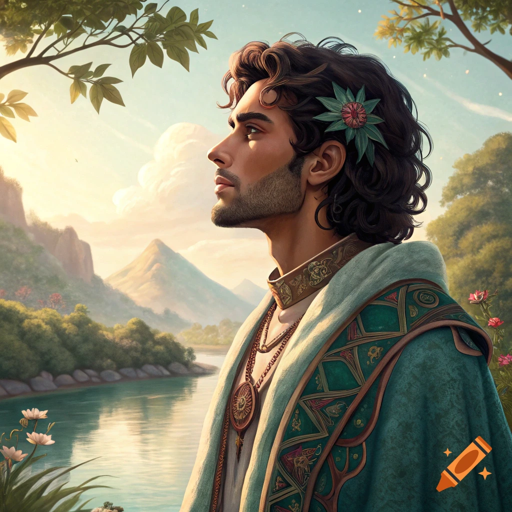 Profile portrait of a man in intricate robes looking over a river landscape at sunset