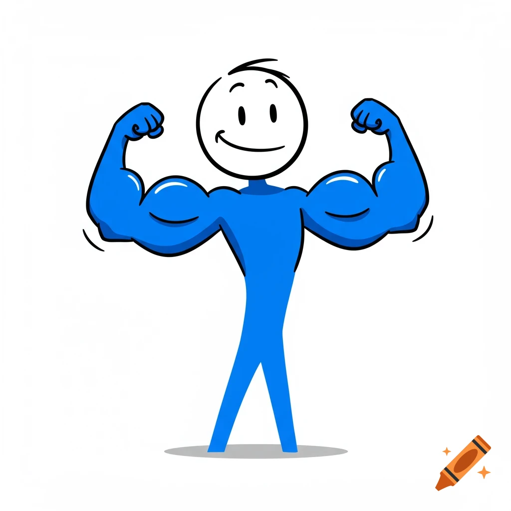 A cartoon stick figure with a white head and blue body flexes large blue arm muscles.