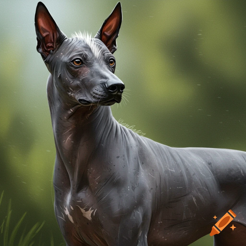 A hairless Xoloitzcuintli dog stands in a field.